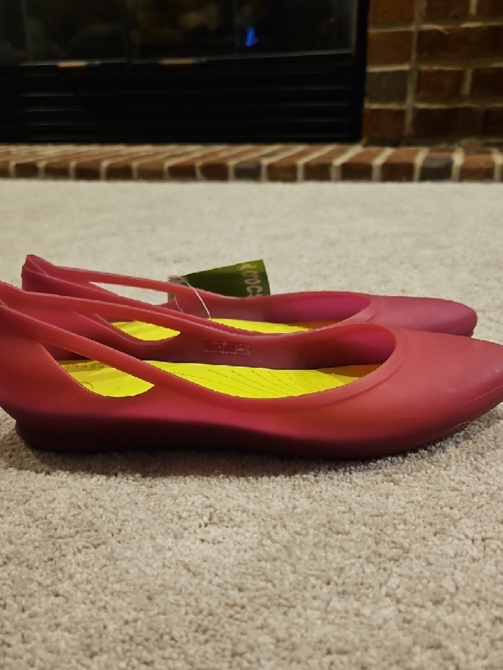 CROCS Women's Dark Pink Pointed-Toe Flats with Yellow Insole - Picture 3 of 10